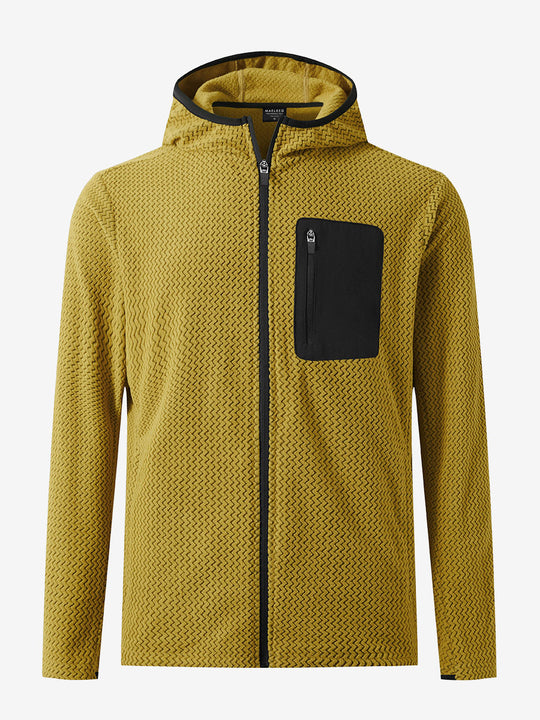 3D front view of full zip fleece hoodied jacket in yellow, showing soft texture and sleek cut.