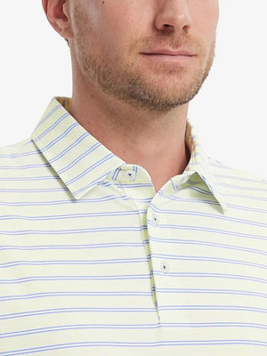 Yellow Bluish Violet Stripe Performance Stripe Golf Shirt – close-up front from model’s nose to chest