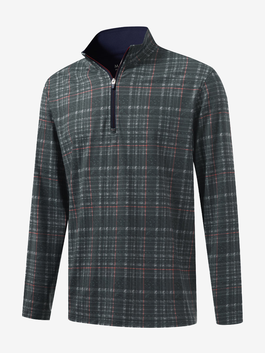 3D front view of the full print quarter zip pullover in retro black/red plaid, showcasing bold and modern style.