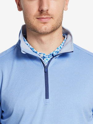 Front view from nose to chest, model wearing LIGHT BLUE MELANGE Moisture Wicking Quarter Zip Pullover.