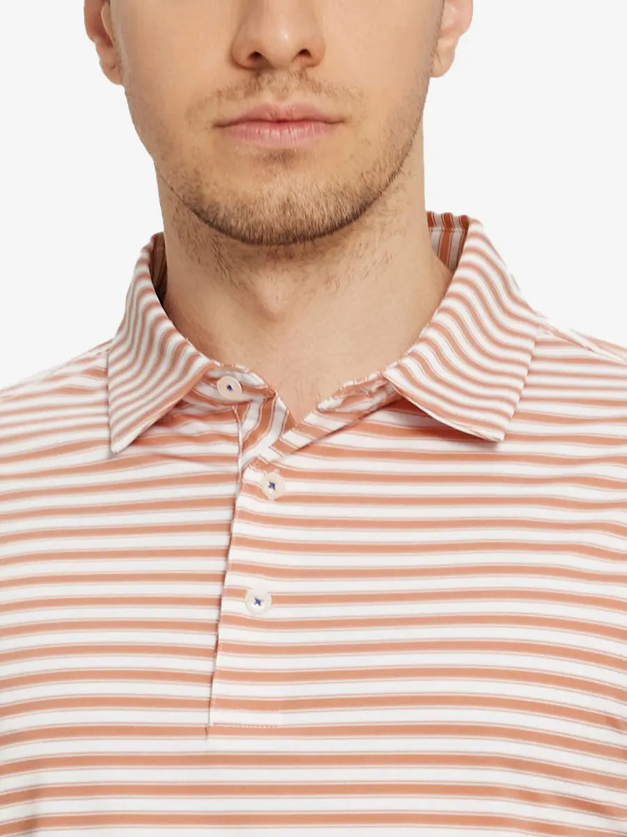 Upper chest close-up showing Orange Dark Blue Yarn Dyed Stripe Polo – from nose to chest