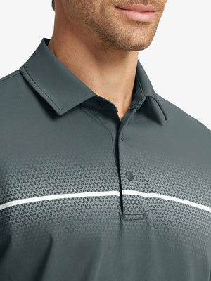 Front half-body view from nose to chest of model wearing DARK GREY Stylish Chest Print Snap Polo