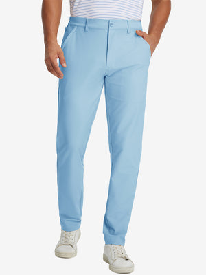 Lightweight flat front casual trousers in light blue, front lower-body view with a clean tailored fit.