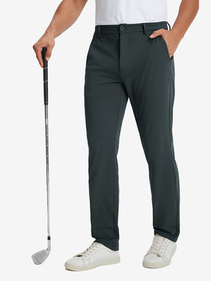 Soft lightweight casual golf pants with 5 pockets in dark grey, front lower-body view with relaxed fit.