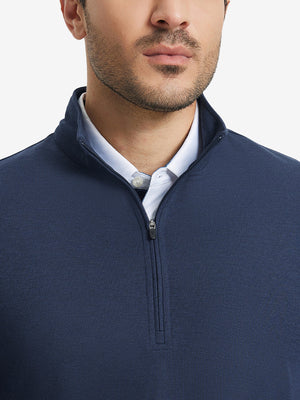 Upper section detail of Premium jacquard quarter zip pullover highlighting dark blue pattern