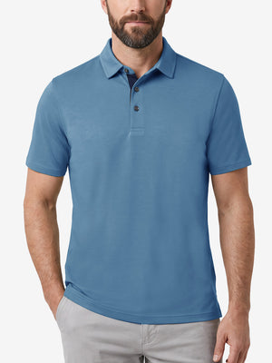 Front upper body shot of model wearing light blue  ultra-comfort slim fit roma knit polo shirts
