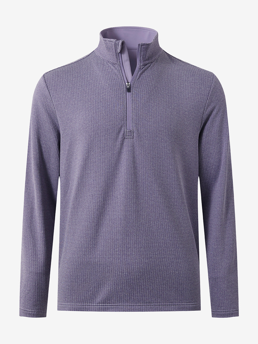 Front 3D view of casual fleece lined quarter zip pullover in purple, showing clean athletic fit.