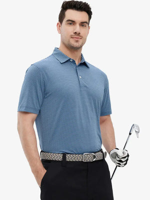 Half-body front shot of model in BLUE DENIM STRIPE, blending sporty design with everyday ease