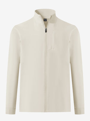 Water-resistant zip up golf jacket in light khaki, clean 3D front view highlighting sleek design.