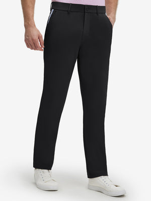 Front lower body shot of model wearing black breathable casual slacks with 4 pockets