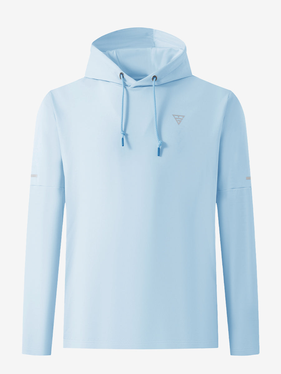 Front 3D view of casual solid fleece hoodies pullover in light blue, showing clean minimal design.