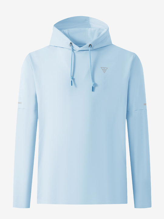 Front 3D view of casual solid fleece hoodies pullover in light blue, showing clean minimal design.