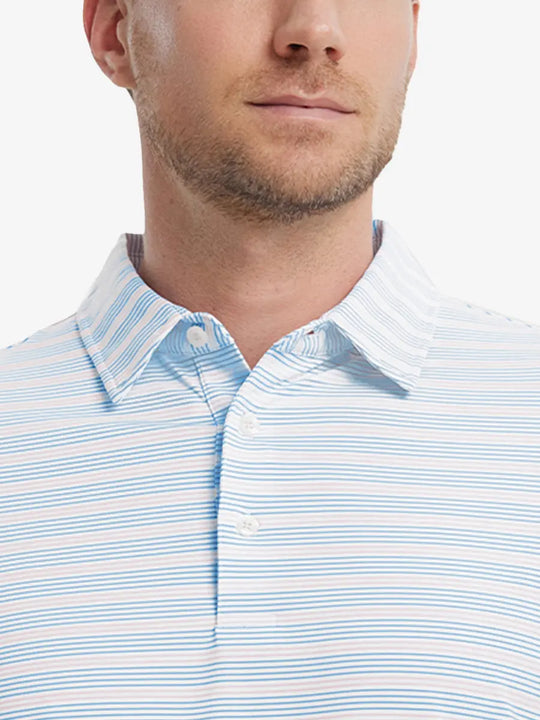 Blue Pink Stripe Performance Stripe Golf Shirt – model front close-up from nose to chest