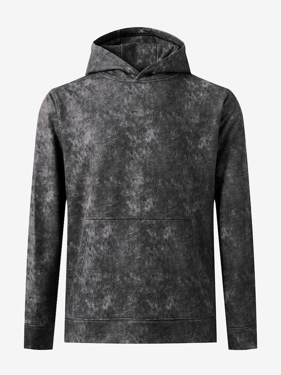 Front 3D view of the exclusive print kangaroo hoodies in black, highlighting pattern details.