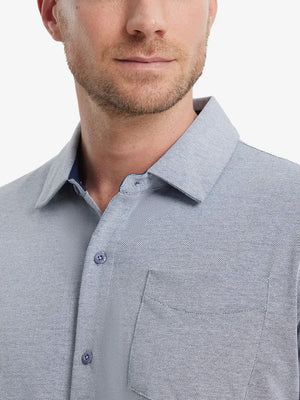 Model front view from nose to chest wearing DARK BLUE HEATHER Cotton Blend Plain Shirt.