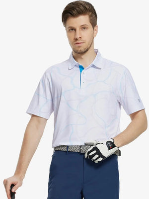 MAELREG Men's Performance Jersey Print Polo in Abstract Stripe – front half-body with golf pose