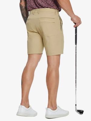 Back lower-body view of model in KHAKI Water Resistant Versatile 8 Pockets Shorts.