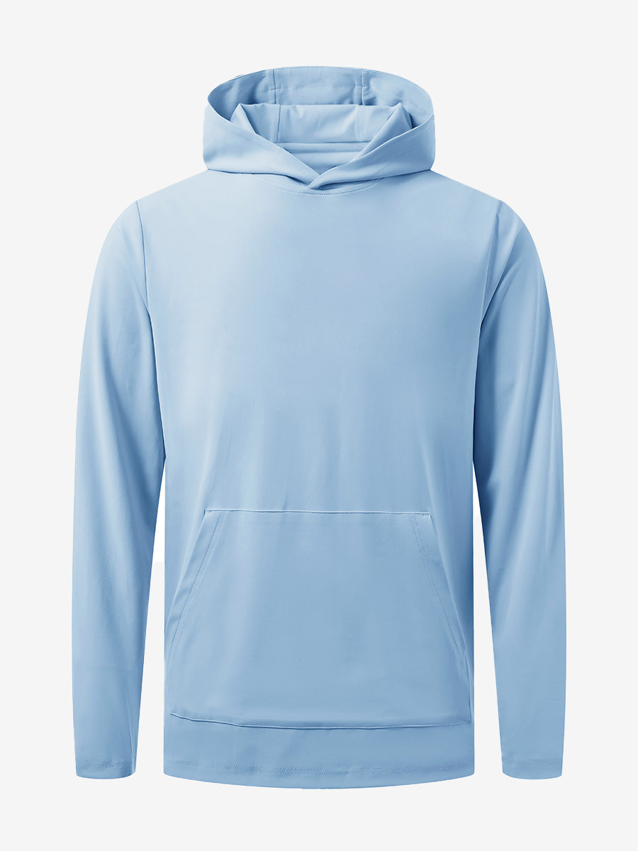3D front view of the dry fit stretchy sweatshirts hoodie in light blue, sleek and flexible design.