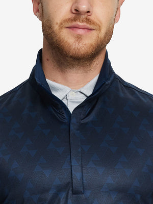 Heather Pinstripe Brushed Dry Fit Quarter Zip Pullover in navy geo, front chest detail showing brushed fabric and pinstripe texture