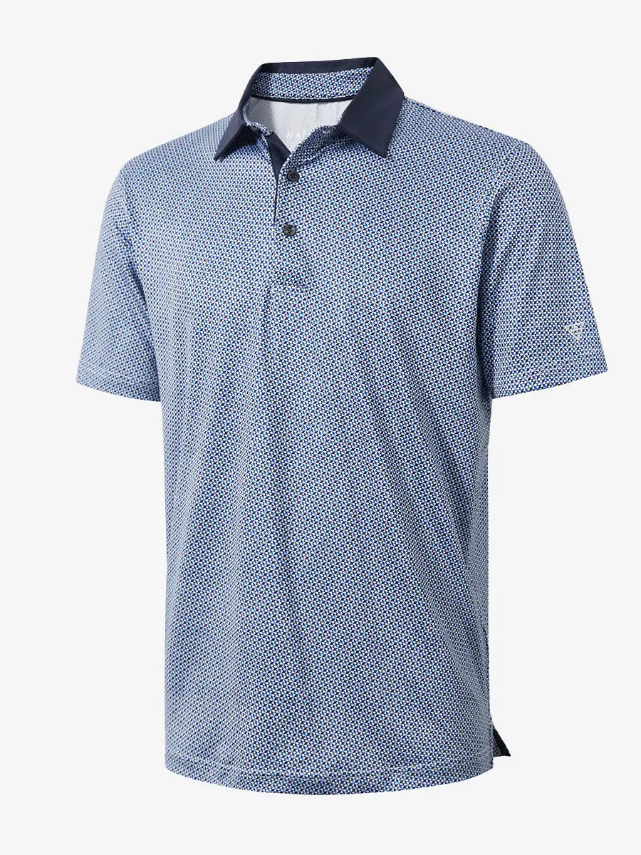 3D view showcasing the bluish umbrella pattern polo shirt, emphasizing fresh and natural design with comfortable fit.