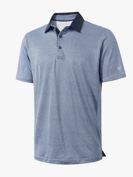 3D view showcasing the bluish umbrella pattern polo shirt, emphasizing fresh and natural design with comfortable fit.