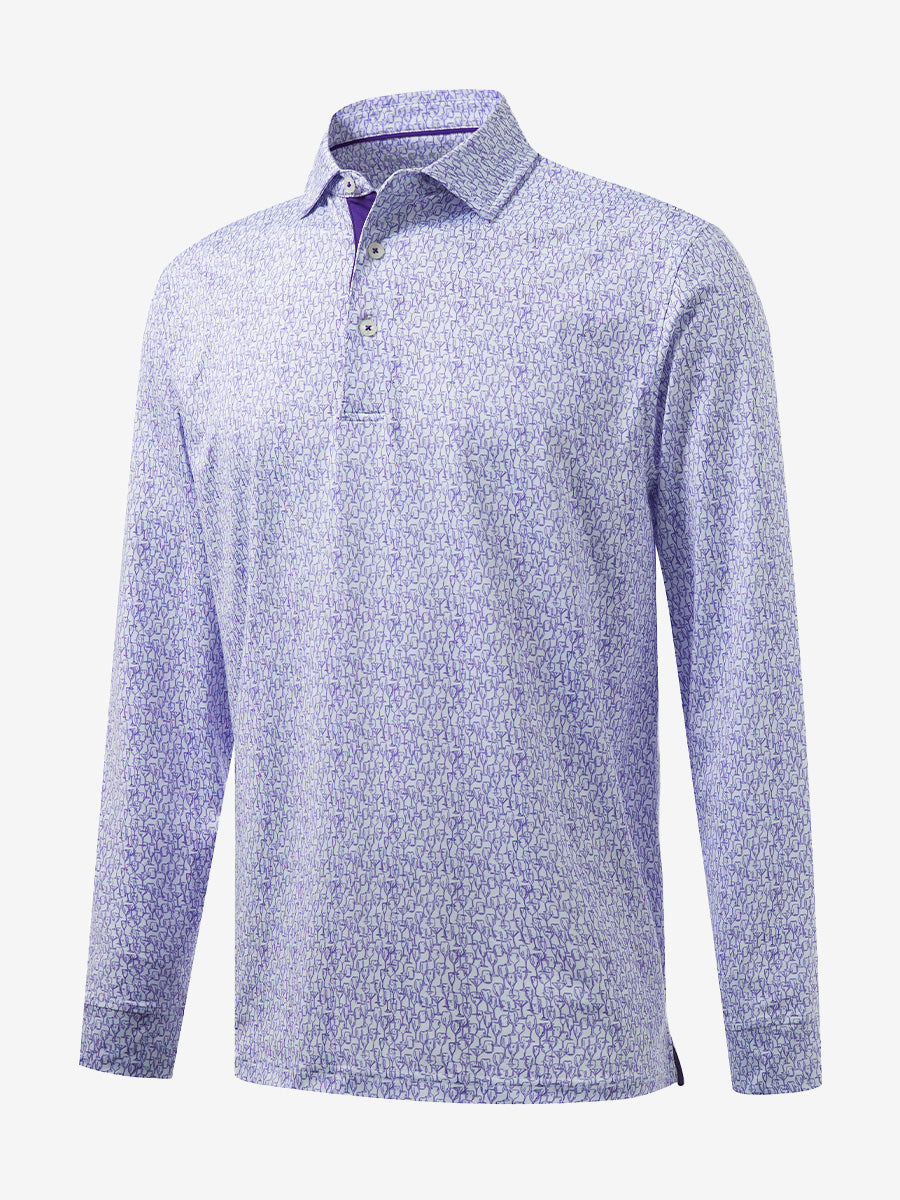 3D front view of the lightweight print long sleeve polo in purple wine glass, modern and athletic design.