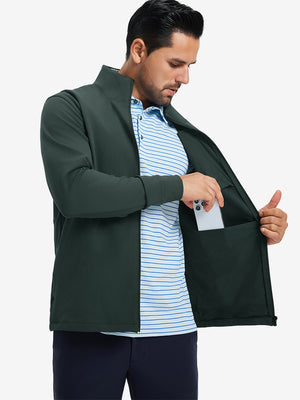 Model wearing water-resistant zip up golf jacket, dark green, front upper-body with one hand in pocket.