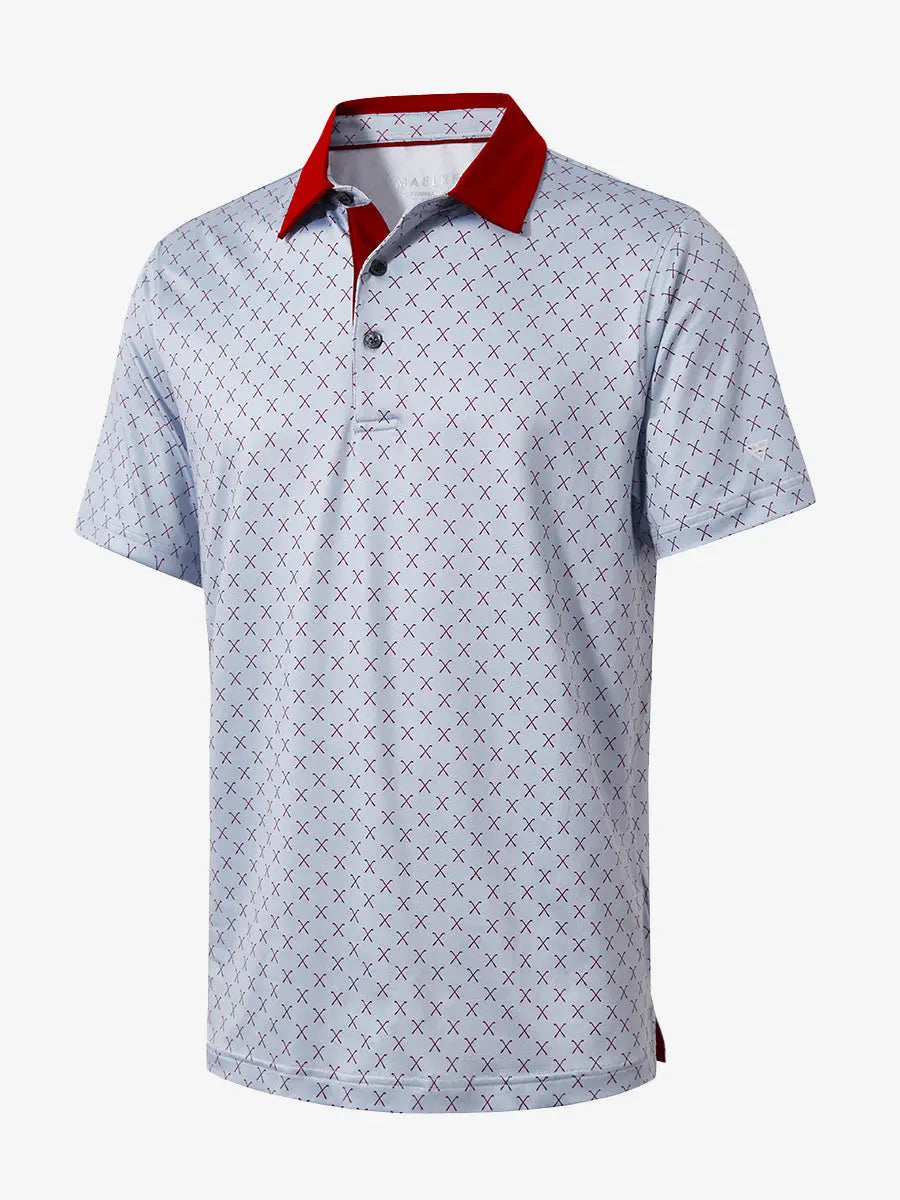3D view highlighting the grey and burgundy combo polo shirt, emphasizing fine tailoring and modern style.