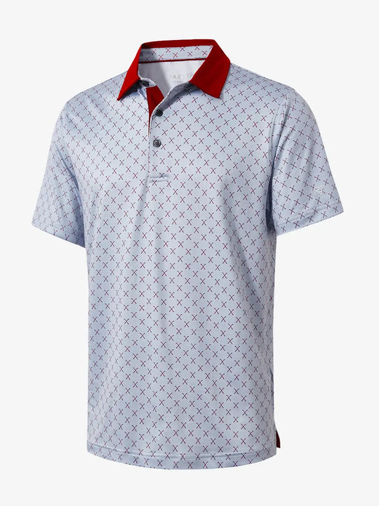 3D view highlighting the grey and burgundy combo polo shirt, emphasizing fine tailoring and modern style.