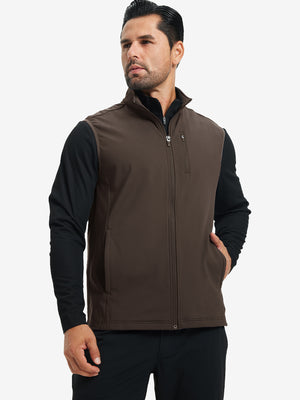 Model wearing water-resistant fleece golf vests, hand in side pocket, relaxed fit in coffee brown