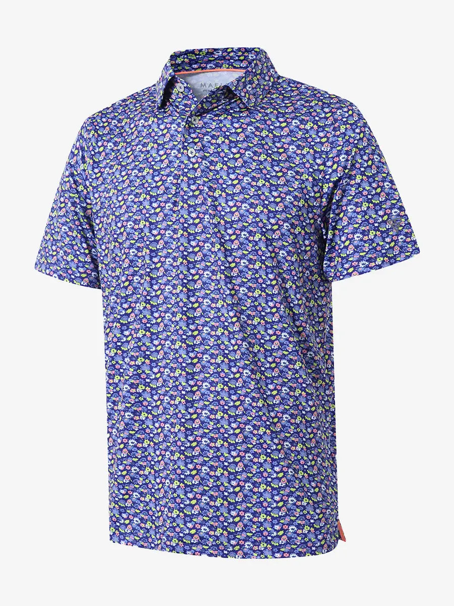 3D view showcases the navy blue floral print model polo shirt, elegantly designed with breathable fabric for a sophisticated sporty style.
