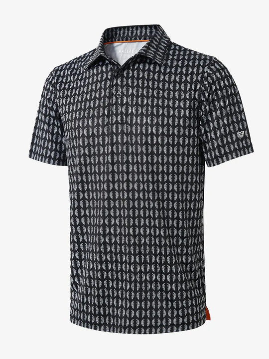 3D view of BLACK WHITE TWISTER Performance Quick Dry Print Golf Polo showing texture and fit.
