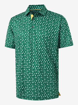 3D render of the golf vacation 4 way stretch print collared polo shirt, displaying the garment structure and design clearly