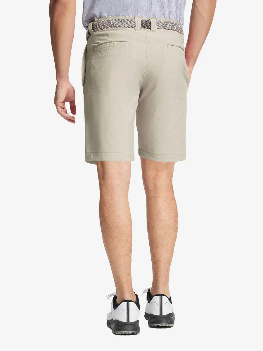 DARK BLUE 9 Inch Heather Performance Golf Shorts back view, model's lower body with hands in pockets