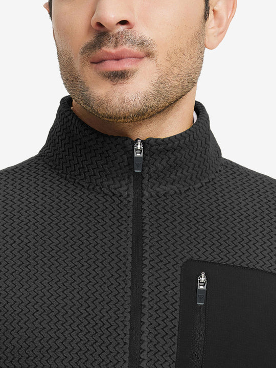 Close-up from nose to chest, showing collar detail of midweight warm stretchy quarter zip pullover in black.