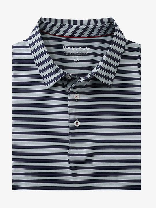 3D mockup of the Navy Grey Yarn Dyed Stripe Polo showing textured stripe design