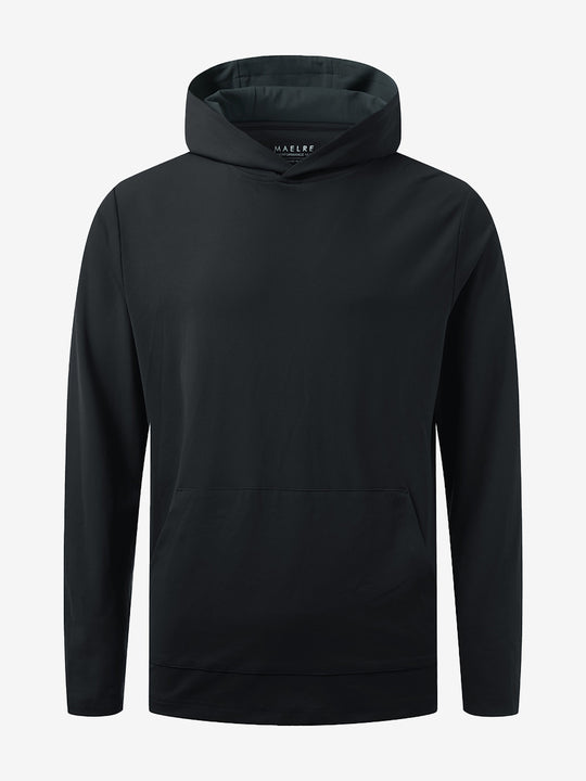 3D front view of the dry fit stretchy sweatshirts hoodie in black, sleek and flexible design.