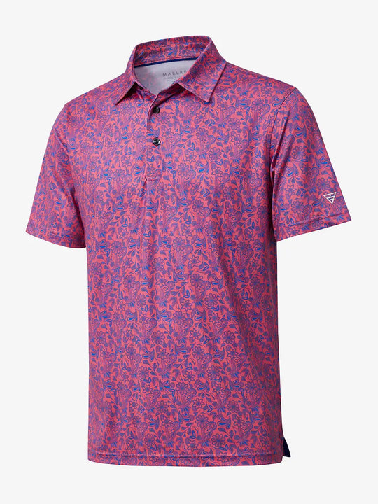 3D view showcasing the coral paisley pattern polo shirt, presenting an elegant and comfortable design.
