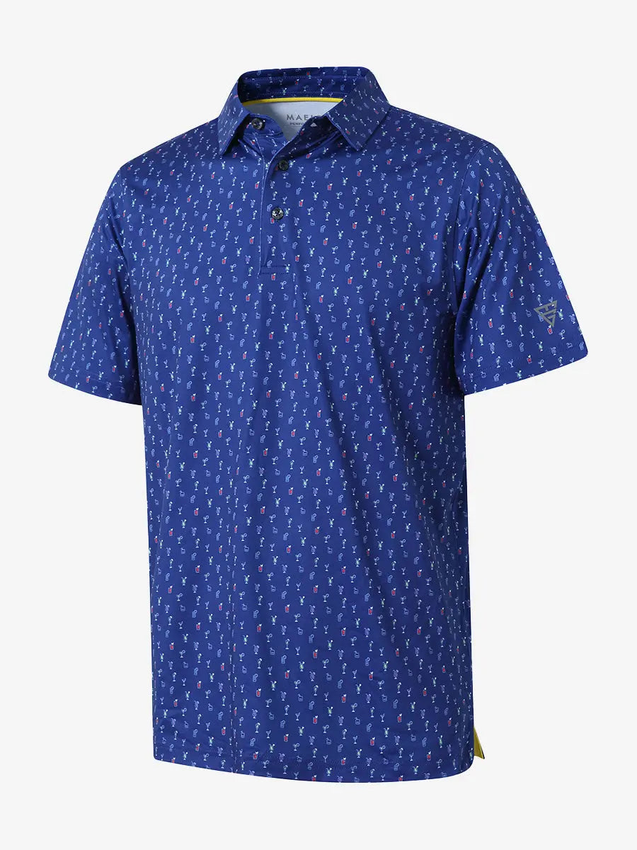 3D view shows navy blue cocktail style polo shirt, energetic design and comfortable fabric combination, presenting a fashionable and sporty style.