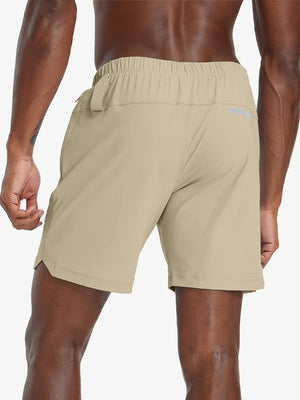 Back lower-body view from waist to upper calves in KHAKI 2 in 1 Running Sports Shorts with Liner.