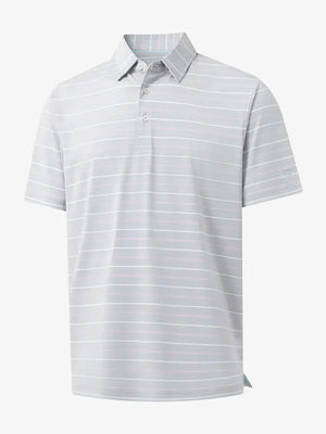 Front 3D view of trendy boys stripe polo shirts, clean structure and modern ight grey stripe look