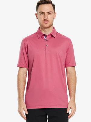 Front half-body view of male model in the Cranberry Everyday Classic Solid Polo, standing still