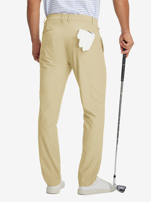 Back view of lightweight flat front casual trousers, showing structure and fit in khaki.