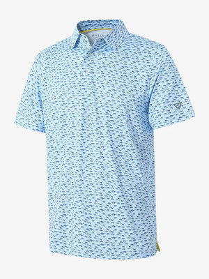 3D view of MAELREG Performance Jersey Print Polo in Blue Dinosaur – breathable golf fabric