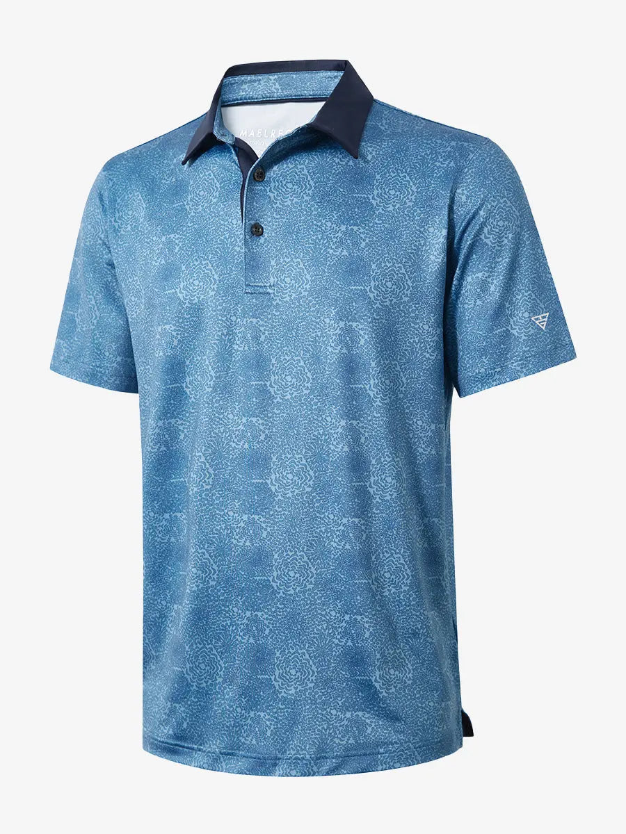 3D view showcasing the midnight fireworks pattern polo shirt, emphasizing its festive and sporty style.