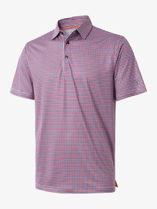 3D view shows the full design of the RED BLUE GINGHAM Polo Shirt, which features modern sporty styling and comfortable, breathable fabric