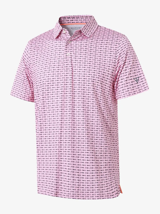 3D view shows the full design of the PINK BLACK BONEFISH Polo Shirt, which features modern sporty styling and comfortable, breathable fabric
