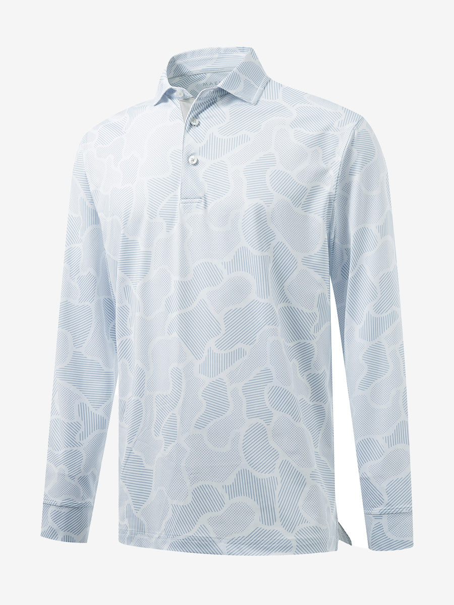 3D front view of the lightweight print long sleeve polo in light gray irregular pattern, modern and athletic design.