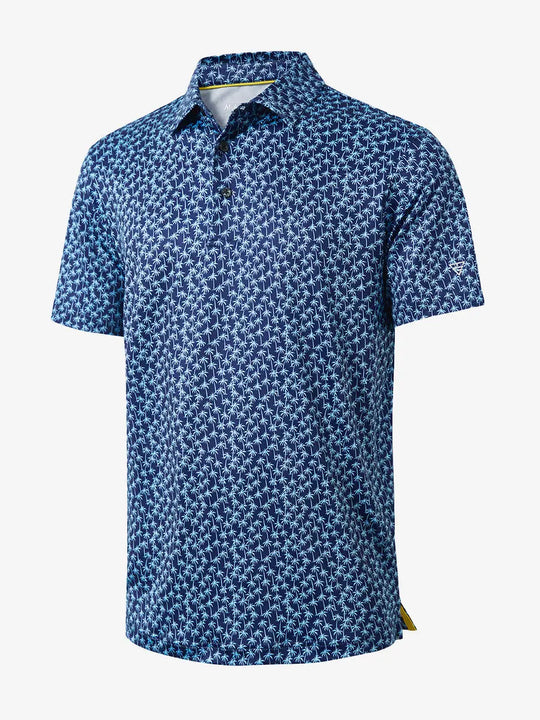 The 3D view showcases the navy blue palm tree patterned style polo shirt for a tropical and sporty look that easily adapts to all occasions.