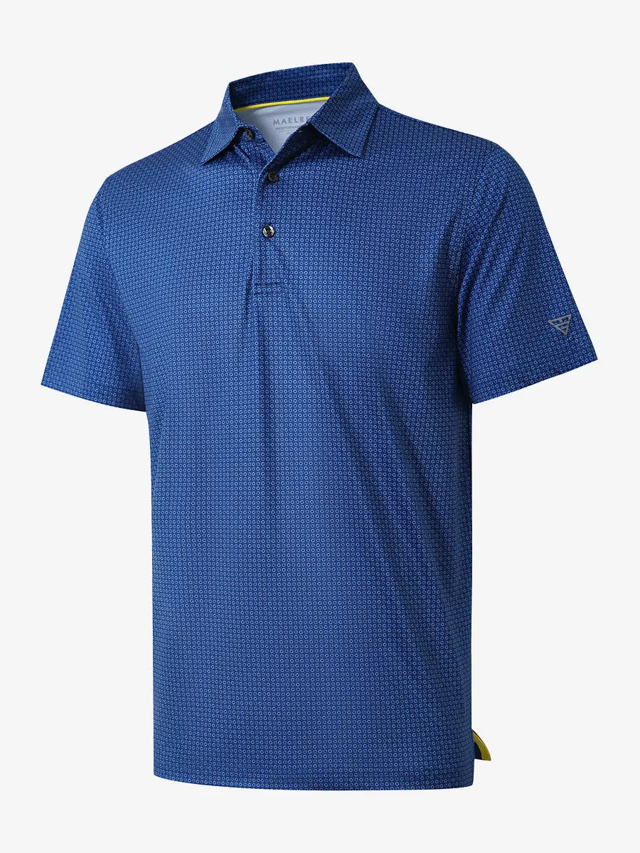3D view showcasing the dark blue load pattern polo shirt, highlighting its classic design and sporty comfort.